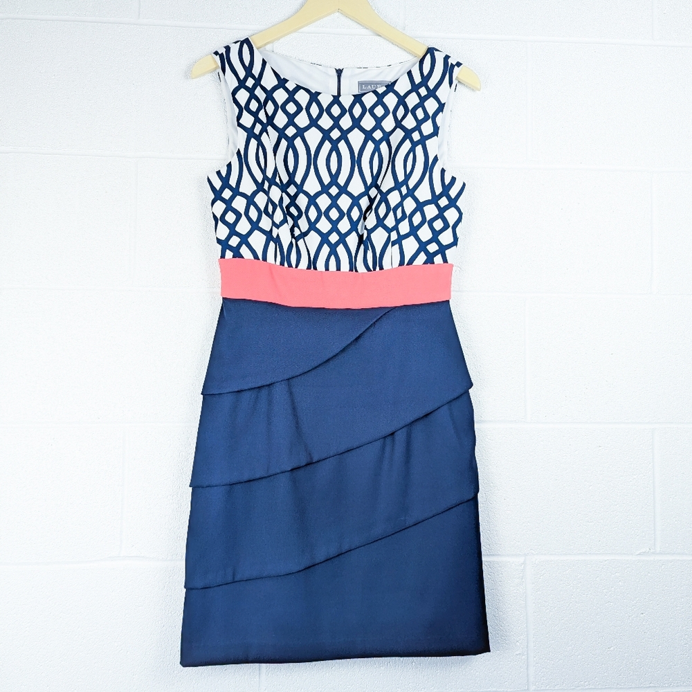 Sleeveless Navy & White Patterned Dress with Coral Waistband